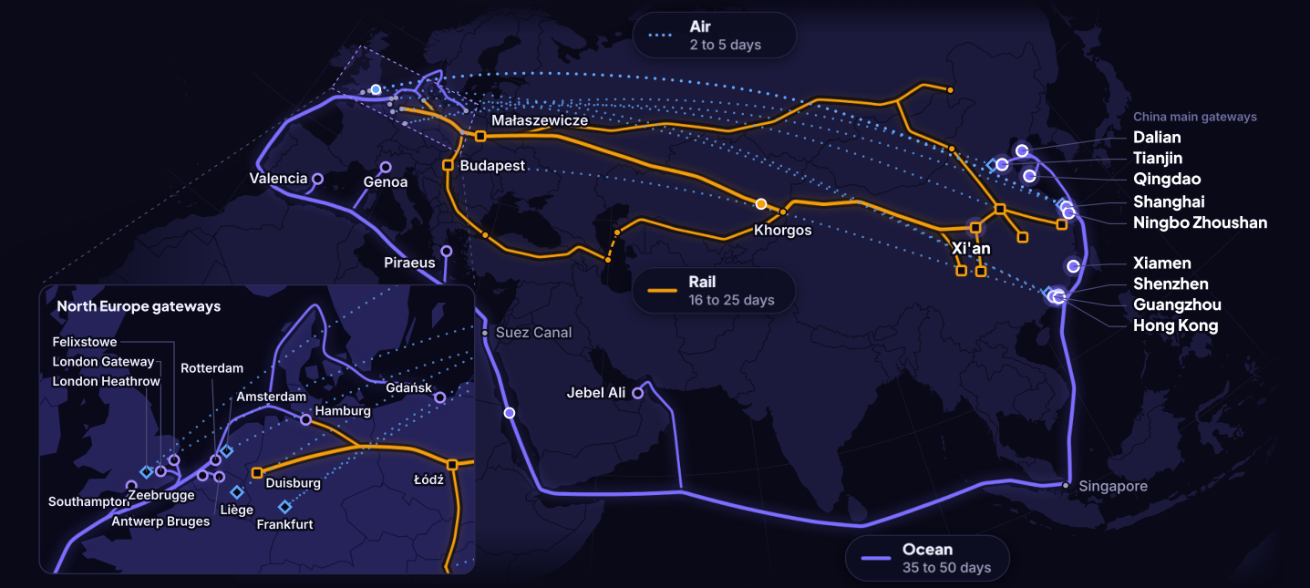 Indicative ocean, rail and air corridors connecting Chinese gateways to the UK and Europe